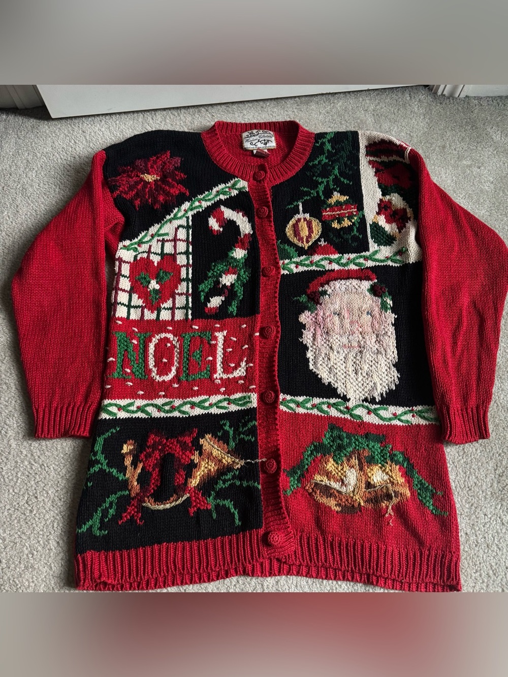 Vintage 90s Heirloom Collectibles Ugly Christmas Cardigan Button Sweater Santa